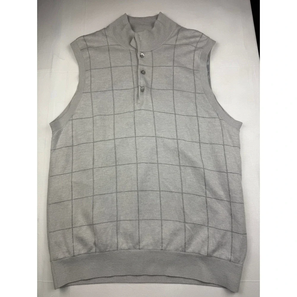 F&G Tech Sweater Vest Large Gray Windowpane Bighorn Golf Mock Neck Cashmere